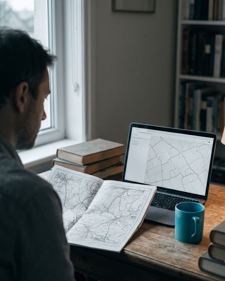 A researcher at a desk consulting a paper Ordnance Survey map alongside a laptop, with a cyan ceramic mug nearby